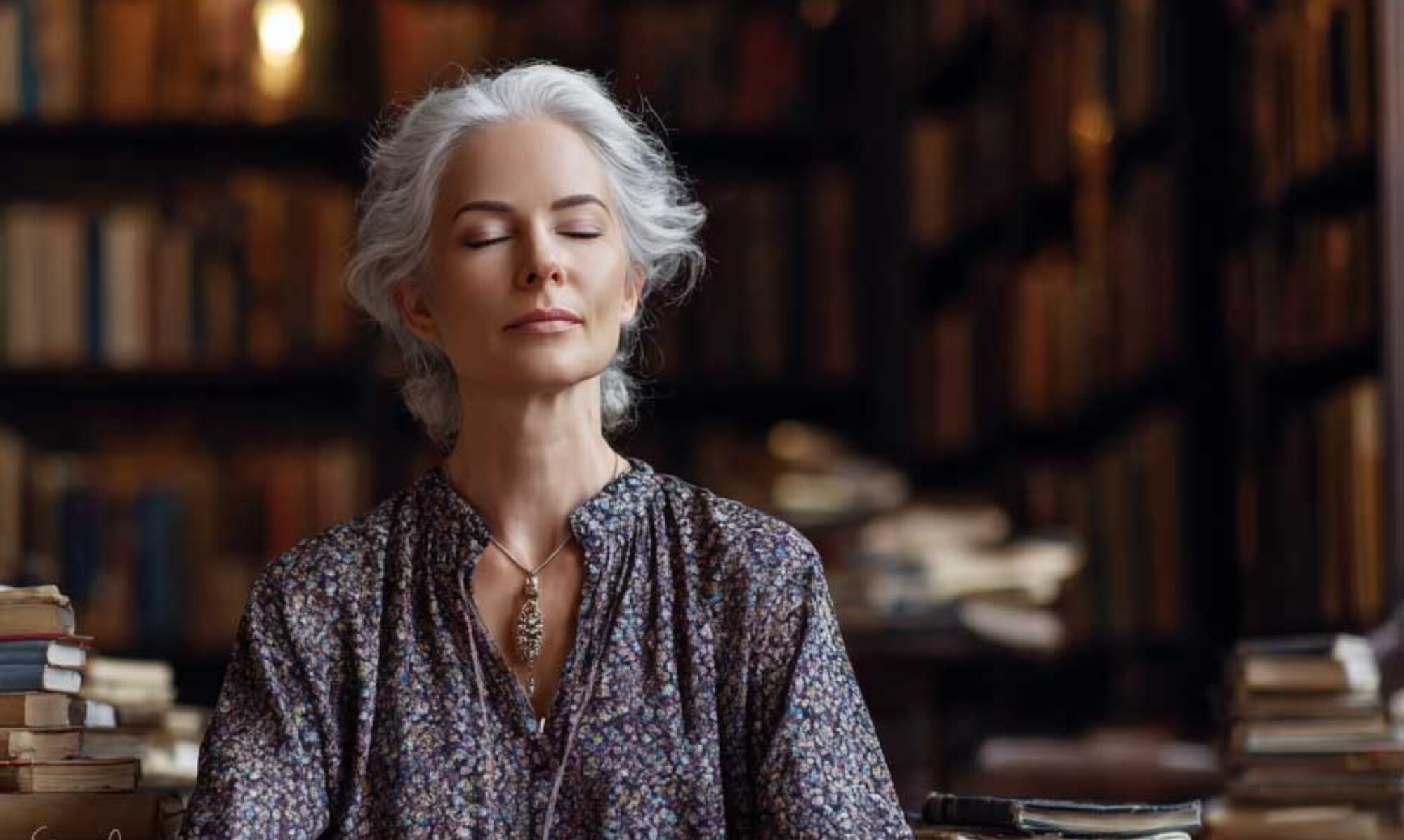 A woman sitting in quiet meditation inside a softly lit library, surrounded by books and warm spiritual ambiance